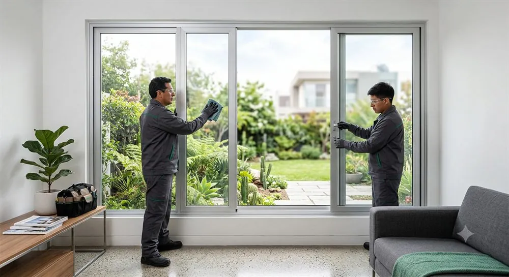 Ventana corrediza de aluminio instalada en vivienda
